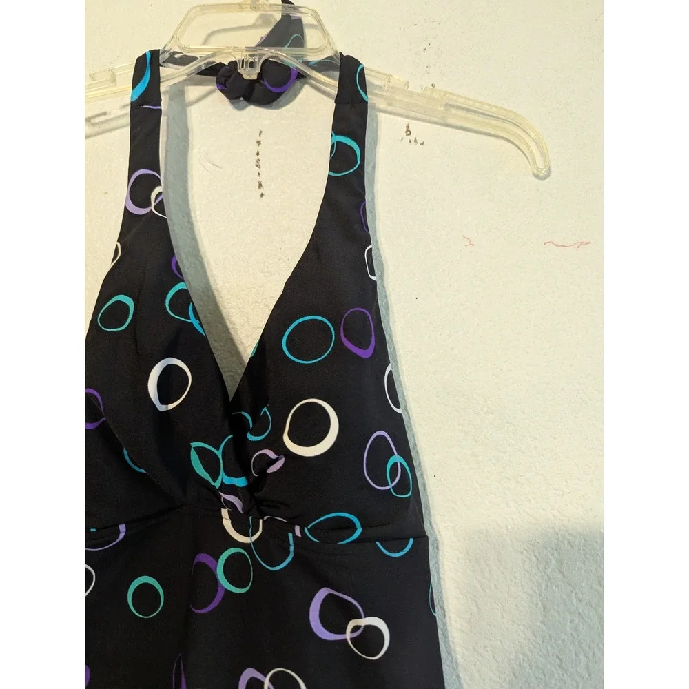 Miraclesuit Womens Halter One‎ Piece Swimsuit Black Geometric Circle Print 10